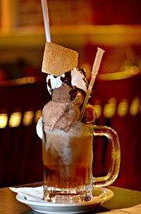 Dessert in glass on table at restaurant