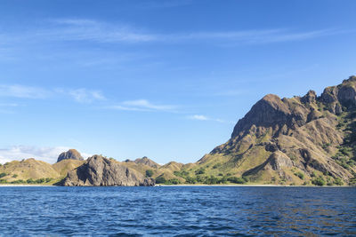 Scenic view of sea and mountains against sky