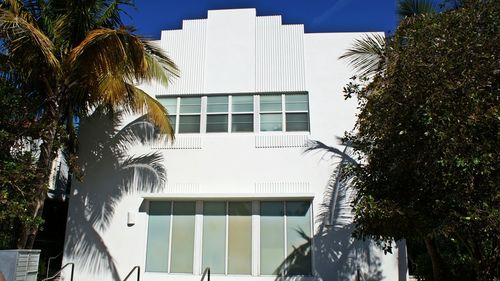 Palm trees by building against sky