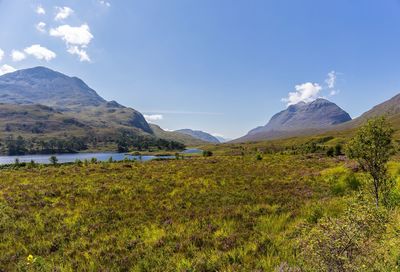 Scenic view of landscape and mountains against sky