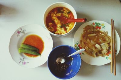 High angle view of various food on table