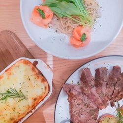 High angle view of food in plate on table