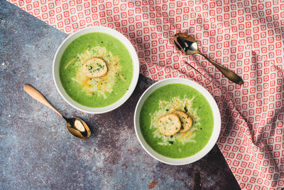 High angle view of breakfast on table