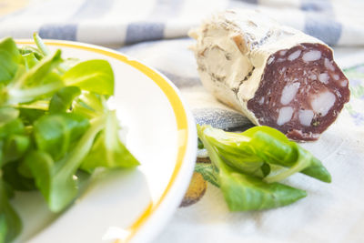 Close-up of food served on table