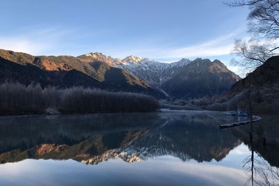 Scenic view of lake and mountains against sky