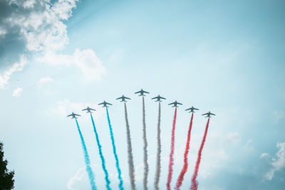 Low angle view of airplane flying against sky