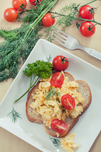 High angle view of breakfast served in plate