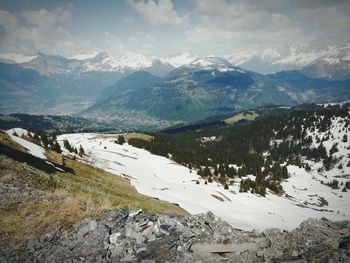 Scenic view of snowcapped mountains against sky