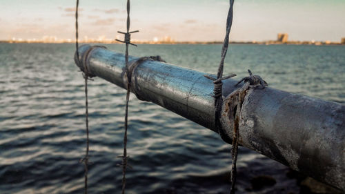 Close-up of weathered pipe wrapped by barbed wire