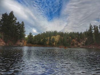 Scenic view of lake against cloudy sky