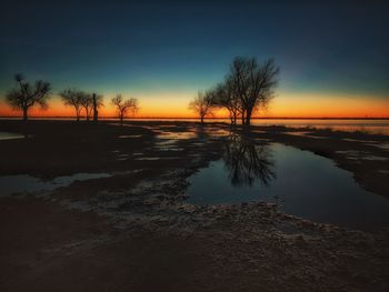 Silhouette trees by lake against sky during sunset