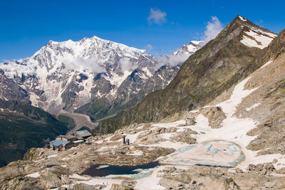 Idyllic view of lago smeraldo and monte rosa in piedmont during summer day of july, piemonte, italy