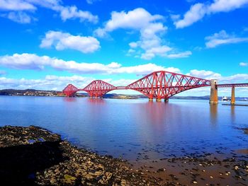 Red bridge over river against blue sky