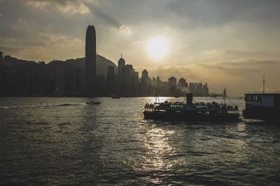 City at waterfront during sunset