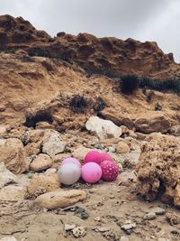 High angle view of balloons on rock