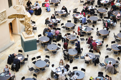 High angle view of people on street