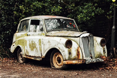 Old abandoned car by trees in city