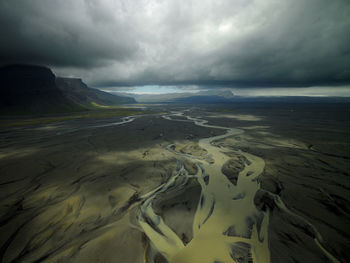 Aerial shot of meandering glacier rivers in south iceland