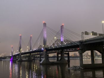 Bridge over river against sky in city