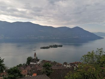 Scenic view of lake by buildings against sky