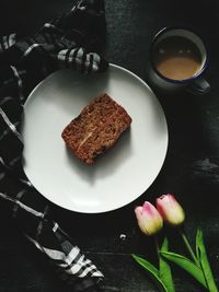 High angle view of cake in plate on table