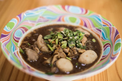 High angle view of soup in bowl on table