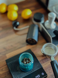 High angle view of equipment on table