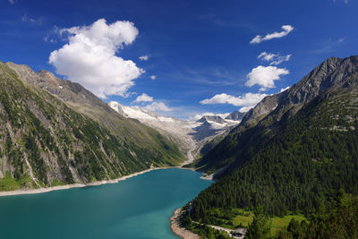 Scenic view of lake and mountains against sky