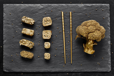 High angle view of bread on cutting board
