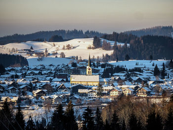 High angle view of townscape against sky during winter