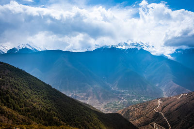 Panoramic view of mountains against cloudy sky