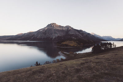 Scenic view of lake and mountains against clear sky