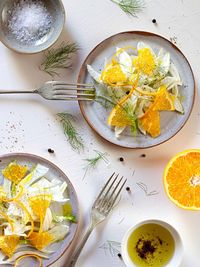 High angle view of meal served on table