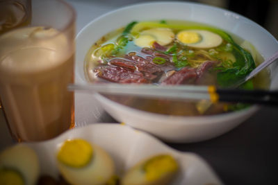 Close-up of soup in bowl on table