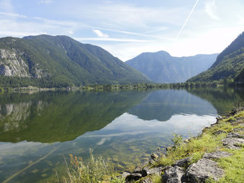 Scenic view of lake and mountains against sky