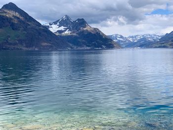 Scenic view of lake and mountains against sky