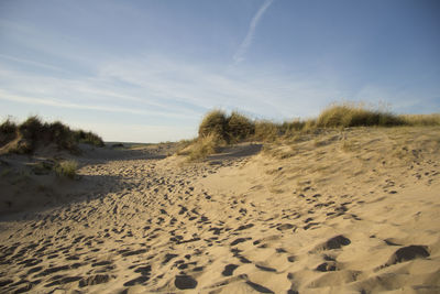 Sand dunes in desert against sky