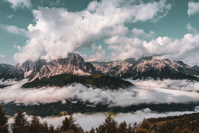 Scenic view of snowcapped mountains against sky