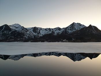 Scenic view of lake by snowcapped mountains against clear sky