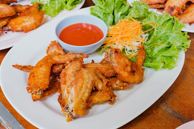 High angle view of food in plate on table