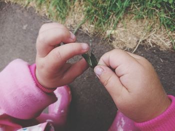 Close-up of child hands holding leaf on road