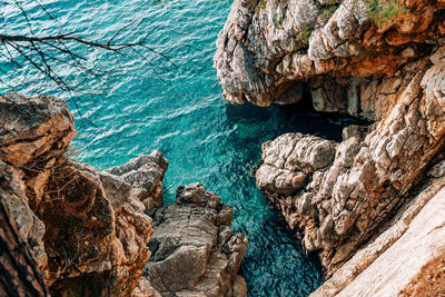 High angle view of rock formation in sea