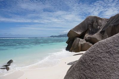 Scenic view of rocks on beach against sky