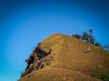 Low angle view of mountain against clear blue sky