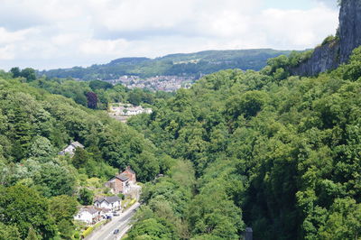 High angle view of trees on mountain against sky