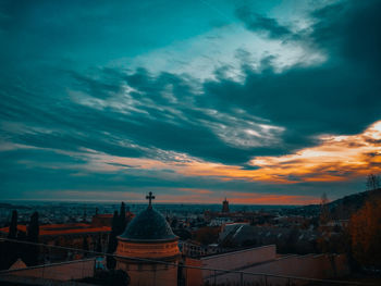 Aerial view of city against cloudy sky