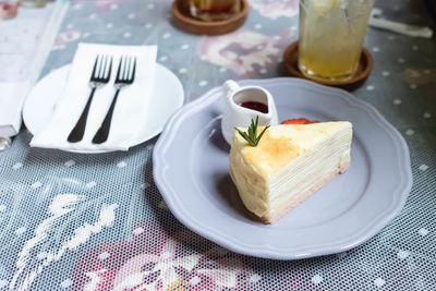 High angle view of dessert in plate on table