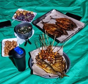 High angle view of breakfast on table