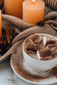 Celebrating autumn holidays at cozy home with cup hot chocolate marshmallows cacao on the windowsill 