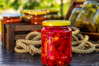 Close-up of drink in bottles on table